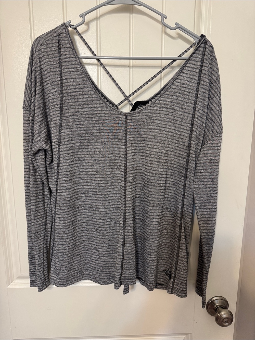 The North Face Gray Striped Crisscross-Back Long Sleeve Tee Shirt